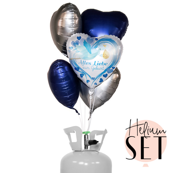 Alles Liebe zur Geburt Blau Ballonbouquet-Set mit Heliumbehälter