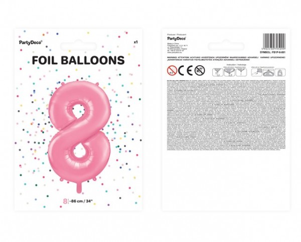Nummer 8 folieballong rosa 86cm 2