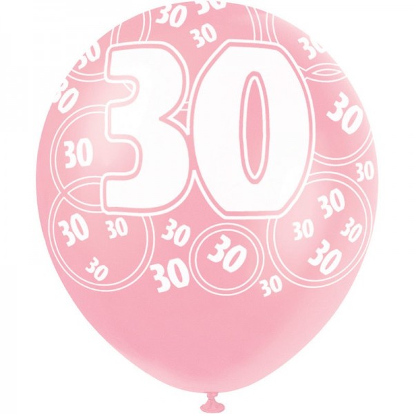Mix of 6 30th birthday balloons pink 30cm 3