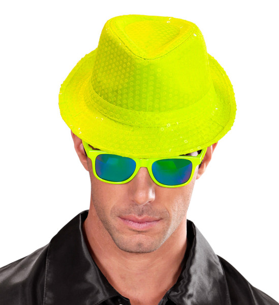 Fedora hoed met pailletten neon geel