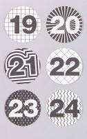 Oversigt: 24 adventskalenderenumre klistermærker sort og hvid