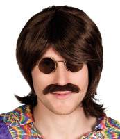 Vorschau: Braune Terry Hippie Perücke mit Schnurrbart