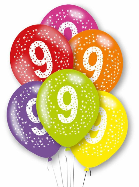 6 kleurrijke nummer 9 latex ballonnen 27.5cm