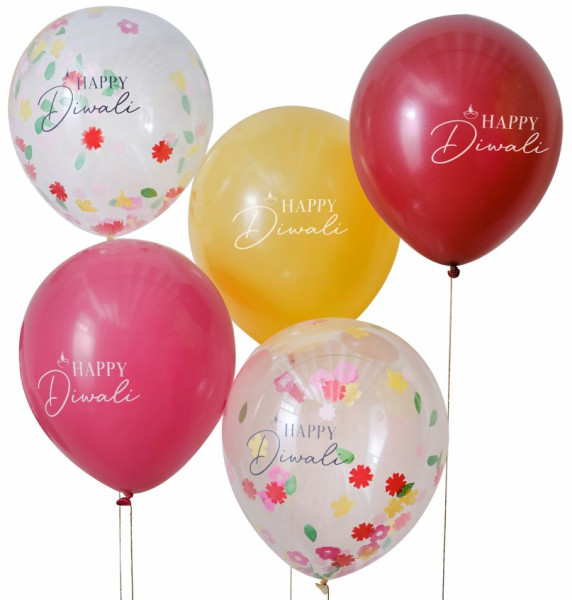 5 bunte Happy Diwali Luftballons