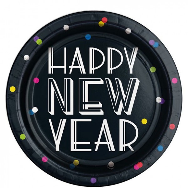 8 Happy New Year Paper Plates Neon Dots 23cm