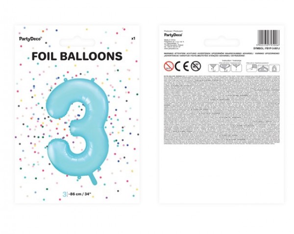 Nummer 3 folieballon himmelblå 86cm 2