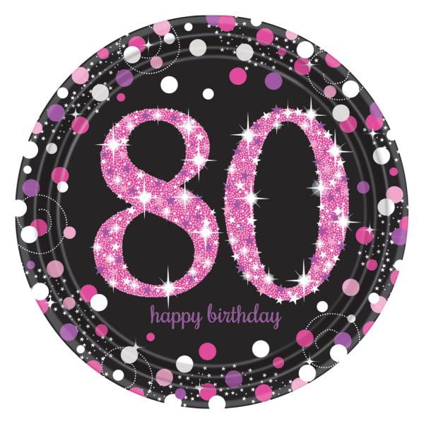 8 Sparkling 80th Birthday Plate różowy 23cm