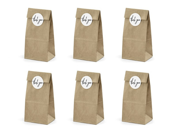 6 gift bags with thank you sticker white brown