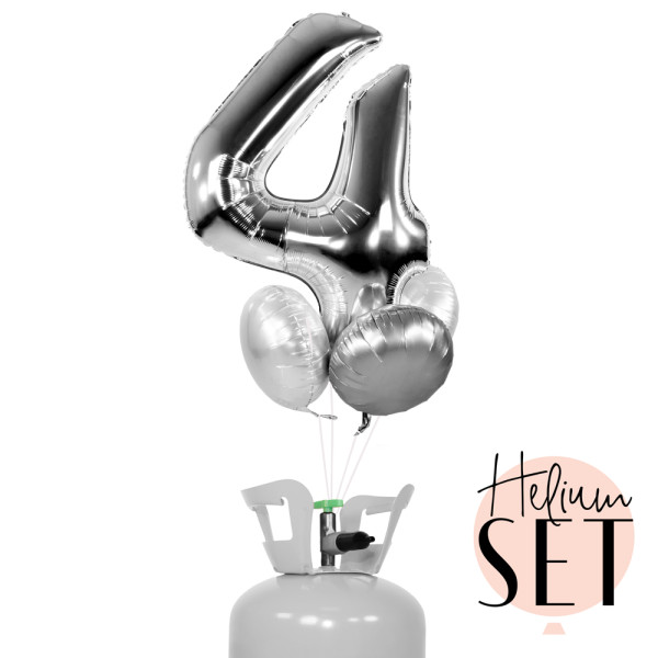 XXL Zahl 4 Silber Ballonbouquet-Set mit Heliumbehälter