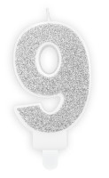 Number 9 cake candle silver gloss 7cm