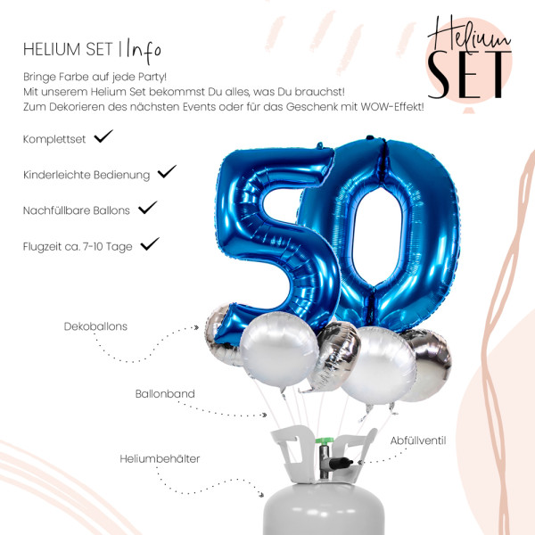 XXL Zahl 50 Blau Ballonbouquet-Set mit Heliumbehälter 3