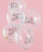 5 ballons joyeux anniversaire avec confettis 30cm