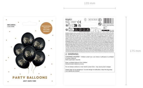 6 czarno-złotych balonów Happy 2024