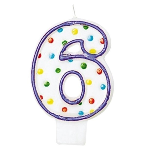 Number 6 cake candle colorful dots purple 7.6cm