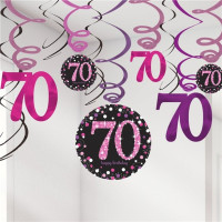12 Pink 70th Birthday spiral hangers 61cm