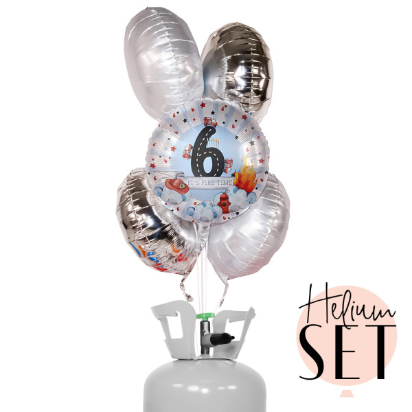 6. Geburtstag Feuerwehr Ballonbouquet-Set mit Heliumbehälter