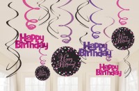 12 roze Happy Birthday spiraalhangers 60cm