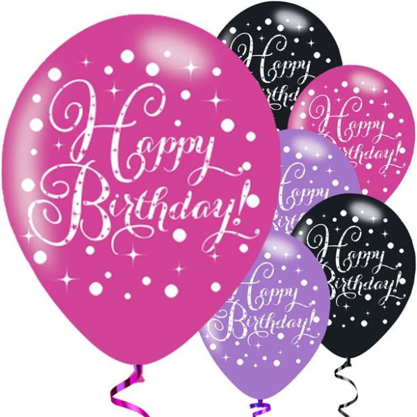 6 różowych balonów Happy Birthday 28cm