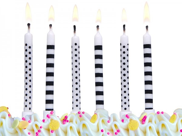 6 cake candles in mixed design with holder 6.5cm