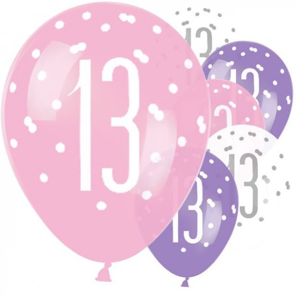 6 Pink Dots 13th Birthday Luftballons 30cm