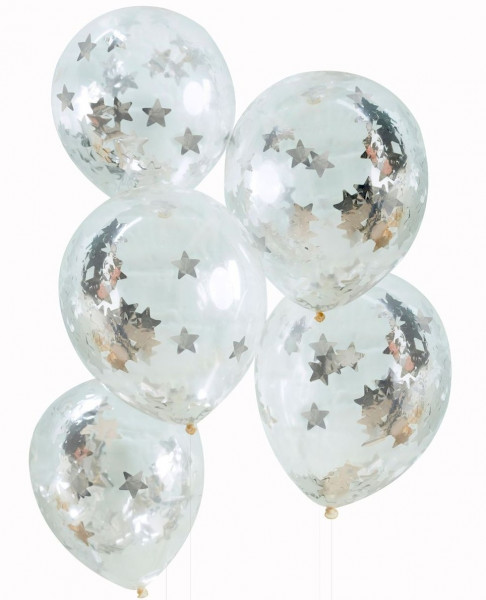 5 ballons confettis étoiles magiques métalliques argentés 30cm