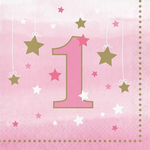 16 servietter 1. fødselsdag lyserød stjerne 33cm