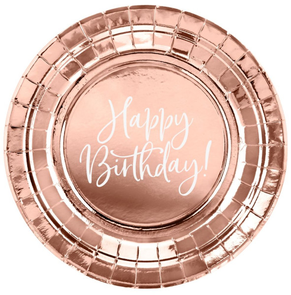 6 talerzyków Happy Birthday w kolorze różowego złota 18 cm