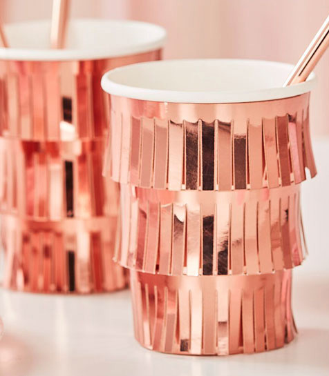 8 vasos de papel con flecos de oro rosa 260ml