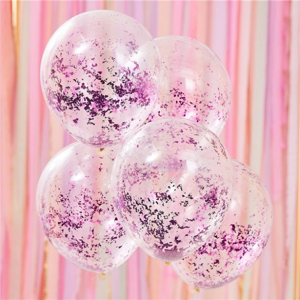 5 ballons en latex avec des confettis déchiquetés violets 30cm