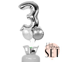 Vorschau: XXL Zahl 3 Silber Ballonbouquet-Set mit Heliumbehälter