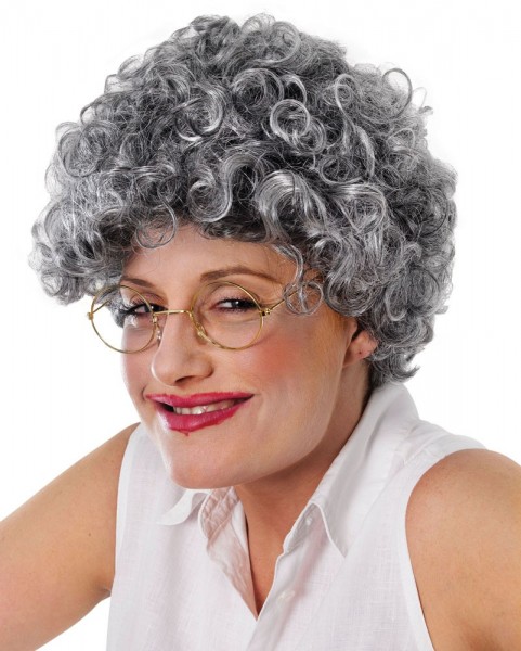 Silver gray curly wig in omastyle