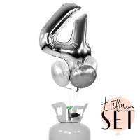 Vorschau: XXL Zahl 4 Silber Ballonbouquet-Set mit Heliumbehälter