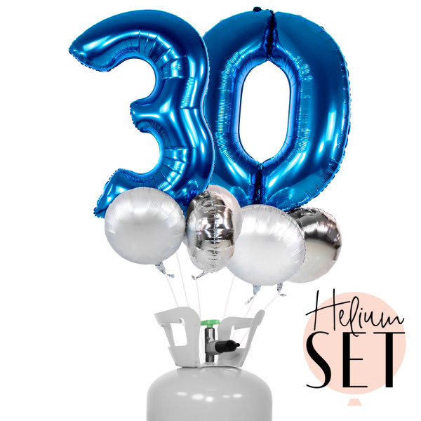 XXL Zahl 30 Blau Ballonbouquet-Set mit Heliumbehälter