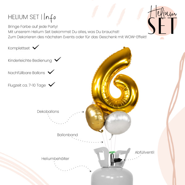 XXL Zahl 6 Gold Ballonbouquet-Set mit Heliumbehälter 3