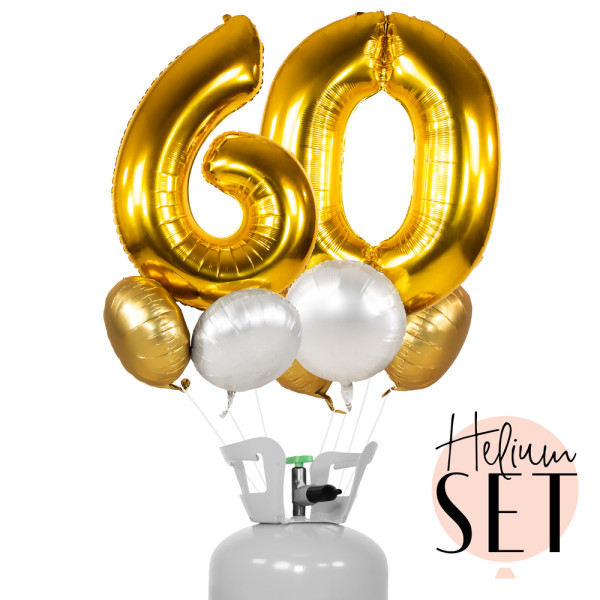 XXL Zahl 60 Gold Ballonbouquet-Set mit Heliumbehälter
