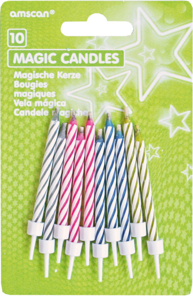 Magical cake candles colorful with white stripes flaring up again 10 pieces