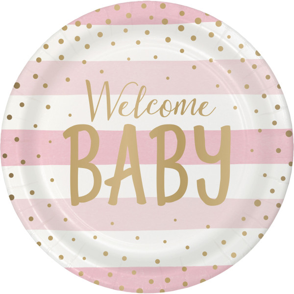 8 Welcome Baby Girl paper plates 23cm