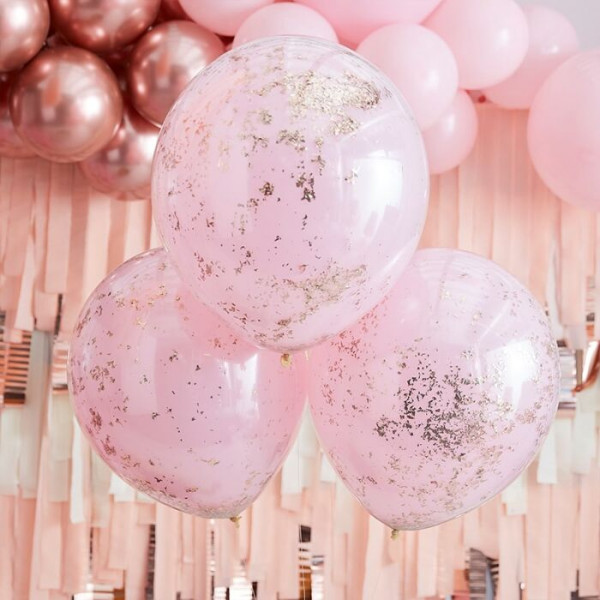 3 golden pink confetti balloons 45cm