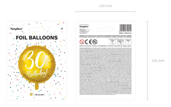 Glanset 30th fødselsdag folie ballon 45cm