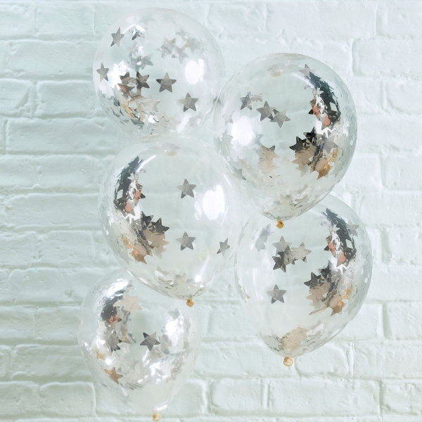 5 sølv metalliske magiske stjerne konfetti balloner 30 cm