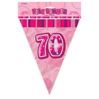 Oversigt: Happy Pink Sparkling 70th fødselsdag vimpelkæde 365cm