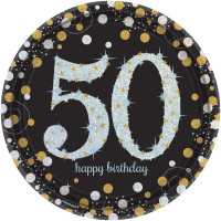 8 gyldne 50-års fødselsdagspapirplader 23 cm