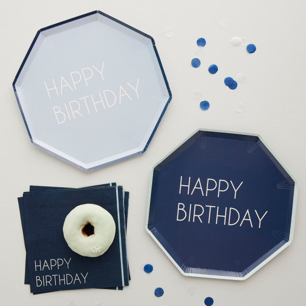 8 platos de papel ecológico azul Happy Birthday 25cm