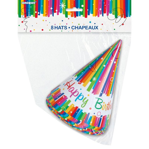 8 chapeaux de fête d'anniversaire Rainbow Swirl 15cm