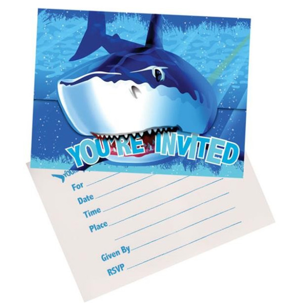 8 shark party invitation cards including envelopes