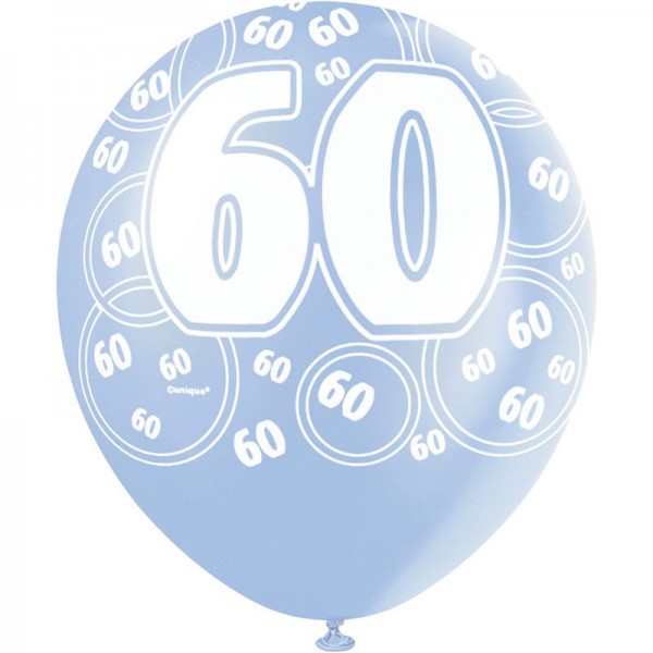 6 mix 60e verjaardag ballonnen blauw 30cm 2