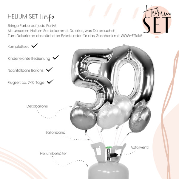XXL Zahl 50 Silber Ballonbouquet-Set mit Heliumbehälter 3