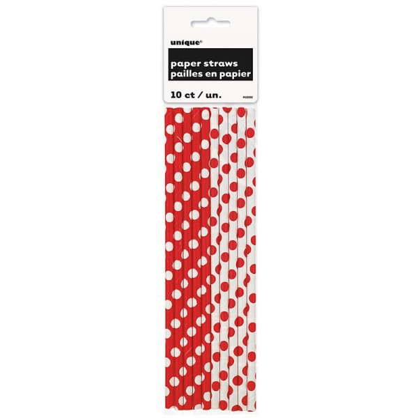 10 kropkowanych słomek papierowych czerwono-biały