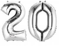 Folieballon nummer 20 zilver metallic 88cm