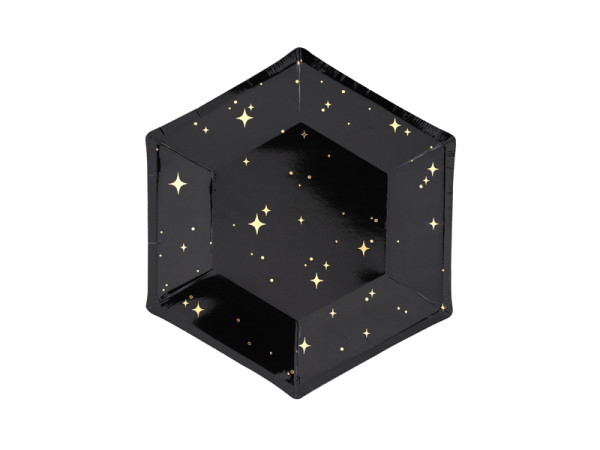 6 platos negros de papel con estrellas doradas 20cm